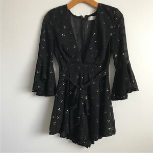 RUMOR WOMENS PLAYSUIT BLACK CREPE LONG SLEEVE CHERRY SMALL